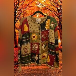 VTG HEIRLOOM COLLECTIBLES Embroidered Patchwork Button-Up Knit Sweater Size L 🐓🌻
